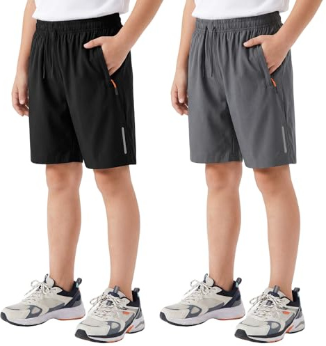 Hoseay Shorts de Sport Garçons, Lot de 2 Séchage Rapide Short Enfants avec Bandes Réfléchissantes et Poche Zippée, Shorts Athlétiques Cordon Coulissant Football pour 6-7 Ans, Noir Bleu