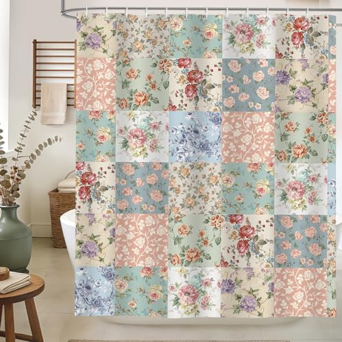 hometrixx Spring Boho Floral Shower Curtain Vintage Patchwork Plaid Pink Shower Curtains for Bathroom Decor Bathtub Light Weight Washable Waterproof Polyester Fabric with 12 Hooks 72 X 78 Inch