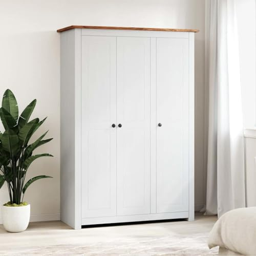 Armoire à 3 portes, en pin massif, blanche, 118 x 50 x 171,5 cm, avec tringle à vêtements et étagères, pour chambre à coucher, espace de rangement, système de rangement, garde-robe, compacte et