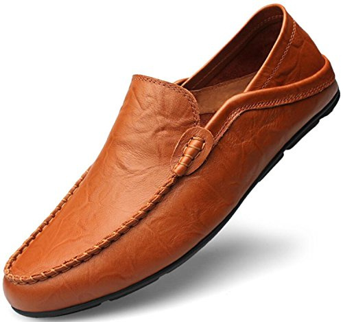 Go Tour Men's Premium Genuine Leather Casual Slip On Loafers Breathable Driving Shoes Fashion Slipper Brown 10.5/46