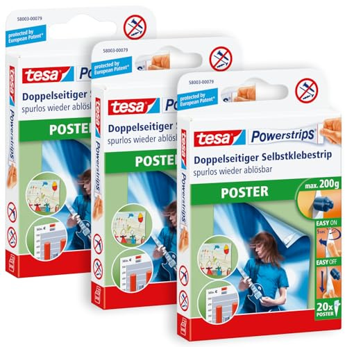 tesa UK Powerstrips Poster - Double-Sided Adhesive Strip for Posters - Self-Adhesive Picture Hanging Strips, Tapered - Holds up to 200 g - Pack of 60, Clear, 58003