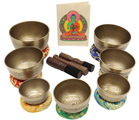Singing Bowl Set of 7, Thadobati Design Himalayan Sound Bowl, Handcrafted, Hand hammered, Comes w/silk cushions, 3 sticks, Buddhist card, Brocade Box Ideal for Meditation, Yoga, Mindfulness Healing