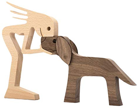 HUANRU Neueste Holzfiguren Skulptur Ornamente Set, abstrakte Stil Menschen mit Hund Statue, Freundschaft Zwischen Hund Und Menschen Denkmäler Statue Für Männer Frauen Jungen Mädchen Alte Leute