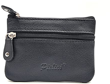 Pielini Monedero pequeño de Piel auténtica de la Marca 2 Cremalleras y Llavero. Monedero para Hombre. Monedero para Mujer. Espacios para Monedas, Tarjetas y Billetes. Diseñado en España. Color Negro.