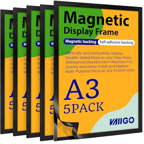 VAIIGO 5 Stück Magnetrahmen A3, Selbstklebend Magnetische Info-Rahmen, Mit Magnetverschluss für Informationsrahmen, Durable Magnetic Frame für Restaurants& Büros & Shops,Schwarz
