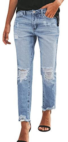 High Waist Jeans Damen mit Löchern - 7/8 Jeans Damen Sommer Jeanshose Lang Straight Leg Slim Fit Boyfriend Denim Hose Zerrissene Damenjeans Freizeithose Ripped Jeans Hosen für Frauen