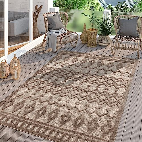TT Home In-& Outdoor Teppich Wetterfest Balkon Küche Wohnzimmer Boho Skandi Design, Farbe:Dunkelcreme Beige, Größe:160x220 cm