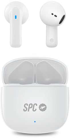 SPC Zion 2 Play – Auriculares inalámbricos Bluetooth para 28h de batería con varias cargas, ultracompactos, control táctil, manos libres, asistente de voz y estuche de carga USB-C muy pequeño - Blanco