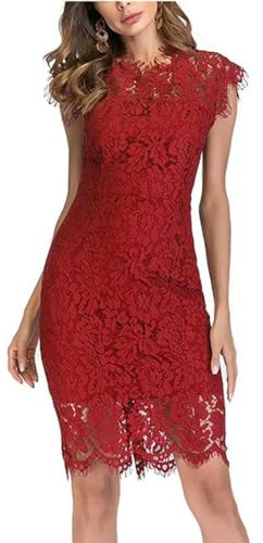 WatSKY Abito da Festa Aderente Vintage Bordeaux Abito Estivo Sexy in Pizzo Abiti Neri Abito Elegante Scollato Abito Sexy retrò Tubino Slim-Vestito Rosso-S
