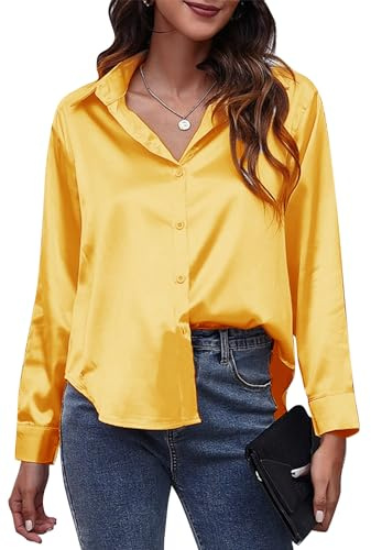 Camisas de satén con botones para mujer, elegantes camisas sedosas con cuello en V, estilo casual, de manga larga, para el trabajo, túnica