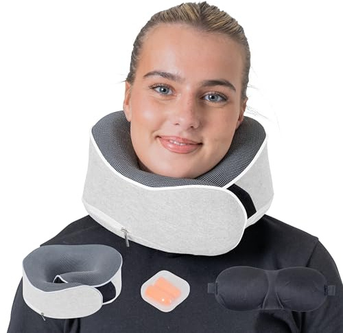Relaxd Travel Pillow for Adults | Adjustable Memory Foam Neck Pillow for Travel | 360 Degree Neck Support | Removable Pillow Case | Includes Eye Mask, Earplugs, Travel Bag | Light Grey | UK Brand