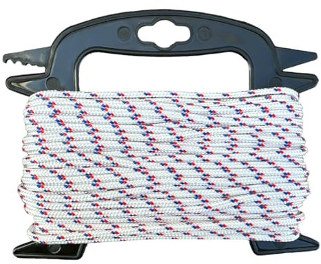 eacommerce - Corda in Polipropilene Alta Tenacità 16 Fusi Multiuso | Anti UV | Ideale per Nautica, Bianco con Segnalino Rosso/Blu, 4 mm, 20 metri