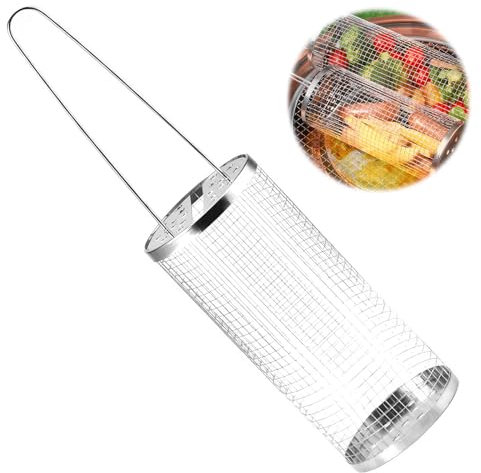 EASONGEE Rolling Grilling Basket, Nesting Grill Baskets, BBQ Grill Basket, Stainless Steel Rolling Grilling Tube BBQ Grilling Cage Outdoor Camping Barbecue Rack for Meat, Fish, Vegetables, Fries