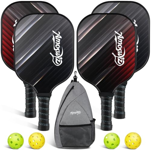 Amoswiz Pickleball Paddle Set with Backpack, Fiberglass | Includes 4 Paddles, 4 Pickleballs and Carry Backpack, Perfect for Families, Men & Women