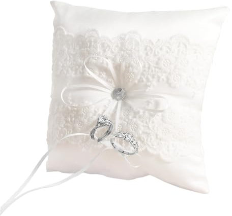 HANIUTTY Ringkissen Hochzeit, 20cm Ehering-Kissen Ringhalter Hochzeit Brautkissen Träger Satin Ringkissen Spitze Blume Weiß Dekoriert für Verlobung Oder Eheringe