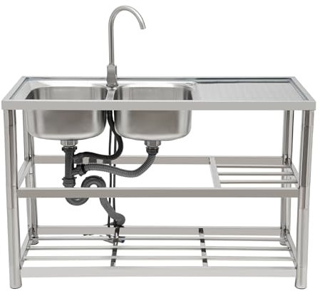 Lavandino in acciaio inox, doppio lavello autoportante con rubinetto e 2 lavelli da 120 cm, per cucina, garage, ristorante, in acciaio inox, con 2 scarichi, 80 cm