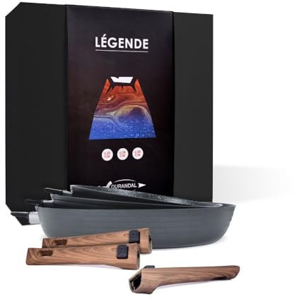 Durandal - Juego de 3 sartenes antiadherentes, leyenda con mangas extraíbles, 20,24,28 cm, batería de cocina compatible con horno, inducción
