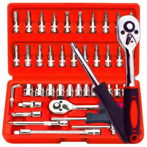 Retoo Steckschlüsselsatz Satz Steckschlüssel, 46 teilig Mechanik Werkzeugsatz, Nüsse, Größen, Nuss Set Ratschenkasten Knarrenkasten und Bitsatz für die Reparatur zu Hause und DIY, Universal, Rot