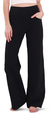 Houmous Wide Leg Pants Women Cotton Yoga Pants High Waist Loose Lounge Stretch Trousers with Pockets, 28 Inseam, Black, M