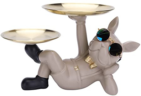 French Bulldog Ornaments Creative Cute with 2 Tray Dog Butler Statue Table Crafts Birthday Gifts for Cake Biscuit Key
