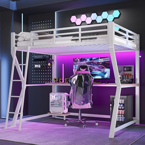 Huayz Letto a soppalco 90 x 200 cm, letto a castello LED e ricarica USB, per scrivania e console computer, in metallo, singolo con protezione anti-caduta