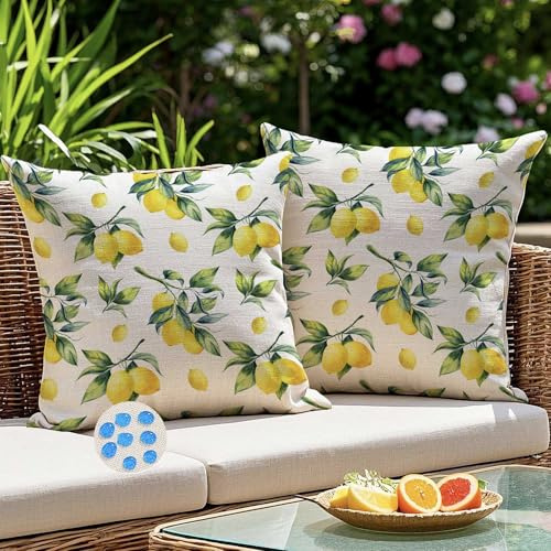 Kiatuniya Funda Cojin Exterior Impermeable 40x40 cm Limón Amarillo Verde Cuadros Fundas Cojines Decorativos Moderna Lavable Funda Almohada para Sofá Jardín Silla Terraza Balcones Salón, Juego de 2