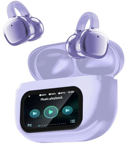 Auriculares Inalámbricos Bluetooth 5.4, Audifonos Deportivos Abiertos con Clip, Traducción de Idiomas, 50H Reproducción con Cancelacion Ruido ENC, Pantalla Táctil Auriculares de oído Abierto (Morado)