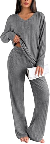 Ekouaer Pigiama Donna Invernale in Maglia a Coste Manica Lunga Abbigliamento da Casa 2 Pezzi con Tessuto Soffice Casual Completo Felpato, Grigio XXL