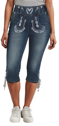 Oktoberfest Outfit Trachtenjeans Trachtenmieder,Damen Kniebund Trachtenjeans im Lederhosen-Look Kniebund lang für Oktoberfest andere Festlichkeiten Bequeme Passform Dank Stretch Einsatz Blue XL