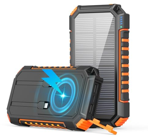 Caricatore-Solare-Power-Bank-Wireless-27000mah - Riapow 22,5W Ricarica Rapida Caricatore Portatile con 2 Cavi Incorporati & Torce, Uscita USB C PD QC 3.0 Batteria Esterna per Telefono e Tablet