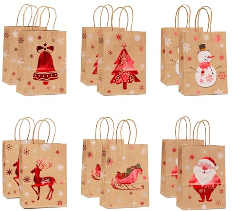 WRSION 12Pcs Christmas Kraft Gift Bags, Christmas Bags for Presents Xmas Paper Gift Bags with Handles for Xmas Gift Wrapping and Party Supplies - 21 x 15 x 8 cm