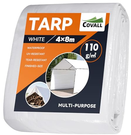 COVALL Telone Impermeabile per Esterno 4x8 m, Telo Occhiellato Rinforzato in HDPE 110g/㎡, Copertura per Piscina Auto, Mobili da Giardino, Antipioggia e Antivento, Bianco