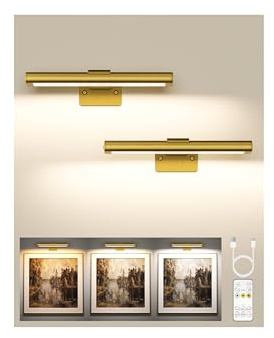 EZVALO Picture Light for Wall, Rechargeable 2400mAh Battery Lights Wireless with IR Remote, 3 Color & Dimmable Magnetic 7.87'' LED Lights Display for Painting, Living Room, Gallery, Bedroom(Gold-2P)