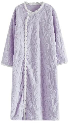 Långa nattlinnen för kvinnor utan fickor – damer vinter morgonrockar varma – långärmad husklänning vinter badrock pyjamas korall fleece nattlinne plus storlek komfort handduk rock, Lila, XL
