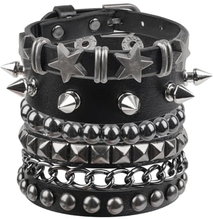 TopBine 4 Pcs Punk Rocks Studded Bracelets Set, Spike Studded Rivet Punks Rock Bracelet Rock Style Hip-hop Studded Bracelet for Biker Hip Hop Punk Accessories