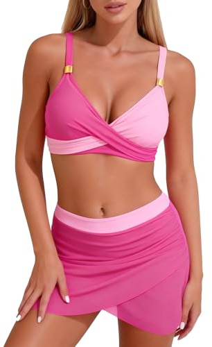 EOAMGO Women's Bikini Set, Two Piece Bikini Swimsuit Set with Twist Front V Neck Design, Adjustable Straps and Padded Support (UK, Alpha, L, Regular, Regular, Pink)