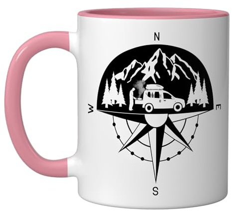 Camping-Camper Microcamper Compass accessories Minicamper Ceramic Mug, Pink/White
