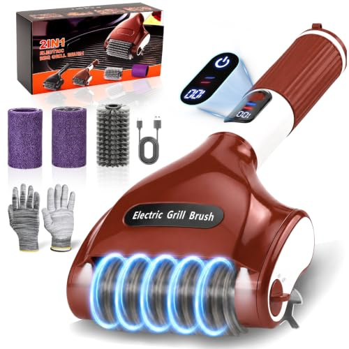 Spazzola Elettrica per Barbecue Senza Fili, 2 Velocità Spazzola Elettrica per Pulizia con Schermo LED Spazzole Ricambio Acciaio Inox, Ricaricabile Pulitore Barbecue Elettrico con Luce per Griglia