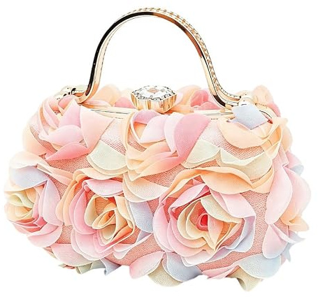 Cartera Clutch de Noche, Flor 3D para Mujer, Mango de Piedras de Rhinestone, Cierre de Cristal, Bolso de Novia para Boda, Fiesta y Baile, Color Multi-Rosa