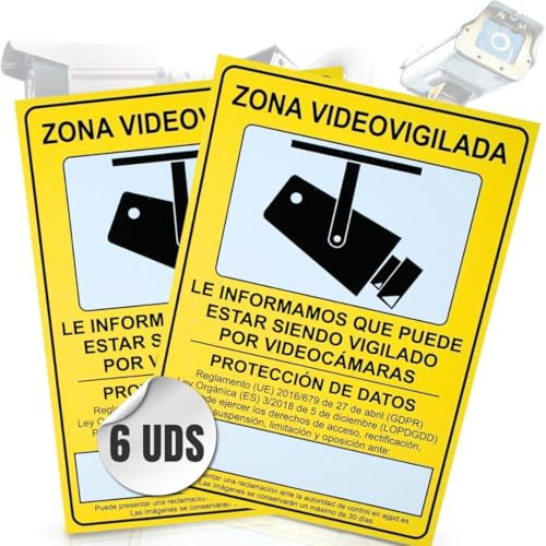 6 Pcs | Cartel Videovigilancia Homologado | Zona Videovigilada | Tamaño A4 (30X21cm) | Material PVC 0,7mm | Cartel Cámara Vigilancia para Exterior e Interior (6)