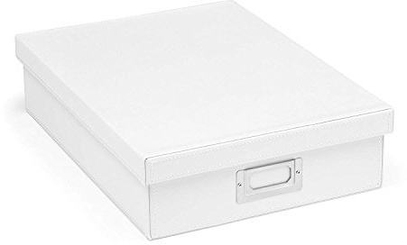 Osco Faux Leather A4 Document Storage Box with Lid, Stackable Desk Paperwork Organiser for A4 Files Envelopes, Durable Filing Solution for Home or Office, 8.5×25×33.5 cm, White