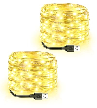 Blingstar USB Powered Fairy Lights, 2 Pack 33Ft 100 LED, Flexible Silver Wire, Mini String Lights for Christmas Tree/Bedroom/Camping/Holiday Indoor Decoration, Warm White