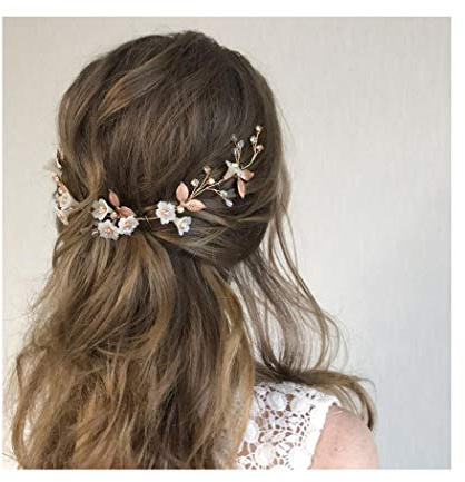 IYOU diadema nupcial con diseño de flores y perlas vides de pelo de hojas accesorios para el cabello de novia para mujeres y niñas (oro rosa)