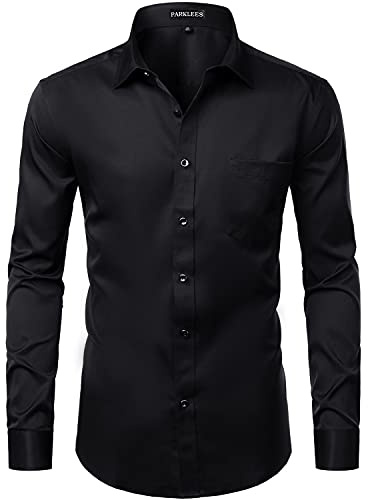 PARKLEES Men's Slim Fit Formal Long Sleeve Casual Business Party Dress Shirts with Chest Pocket Black M