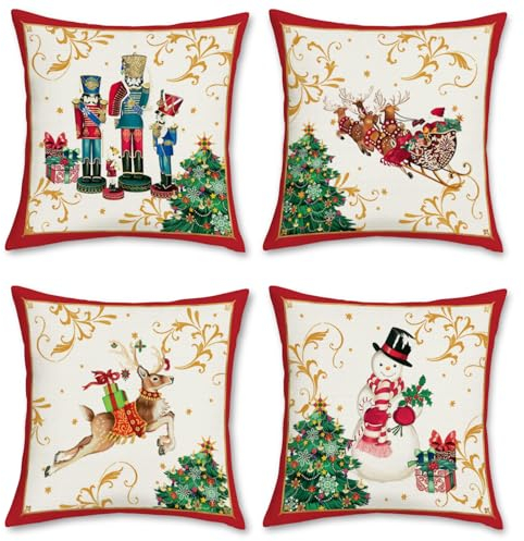 Bonhause Kissenbezüge Weihnachten Nussknacker 45 x 45 cm Doppelseitig Rentier Schneemann Dekorative Weihnachten Kissenhülle für Sofa Schlafzimmer Weihnachts Dekorationen 4 Stück