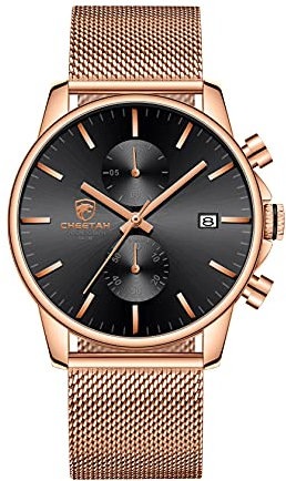 GOLDEN HOUR Montre à Quartz analogique Tendance et Minimaliste en Maille d'acier Inoxydable étanche chronographe pour Homme avec Date Automatique (Rose Gold Black)