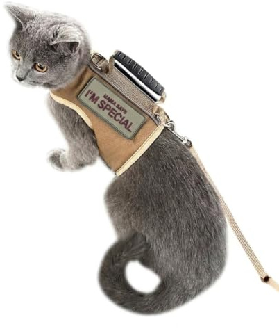Tactical Cat Harness and Leash for Walking Escape Proof, Adjustable Cat Walking Jackets, Padded Stylish Cat Vest, Khaki, Large