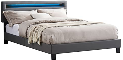 CARO-Möbel Polsterbett Columbus 140x200 cm, Bett Kunstleder in grau, mit LED Beleuchtung, Einzelbett im skandinavischen Stil, bequemes gepolstertes Bett, Jugendbett inkl. Lattenrost