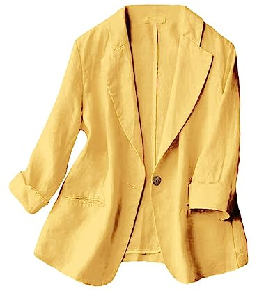 Kinghua Blazer Casual de Lino con un botón para Mujer, con Solapa, Manga 3/4, Amarillo, M