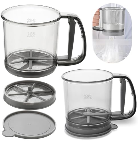 Blingbin Flour Sifter for Baking, Double layer Flour Sieve with Lid, Semi-Automatic Handheld Powder Sifters,Fine Mesh Screen Powder Sifters with Scale for Cooking Baking Kitchen Sugar Utensil DIY Home